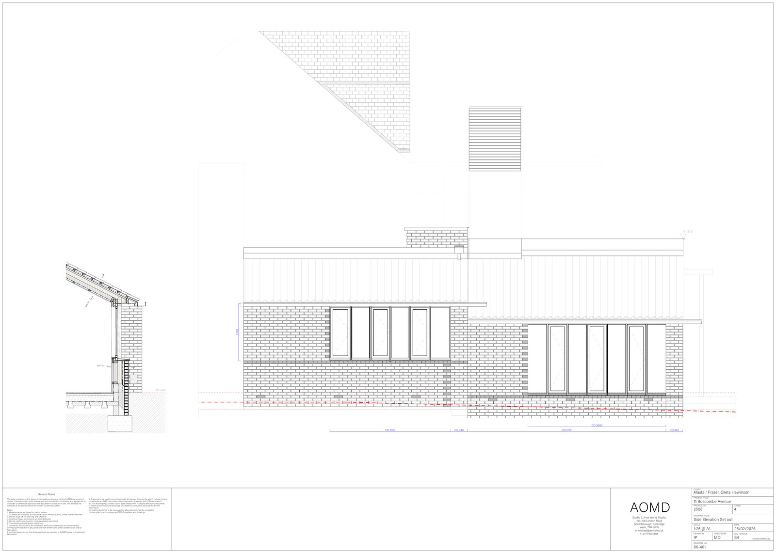 Side elevation drawing with brick hatching
