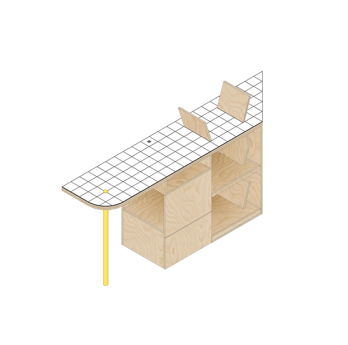 Plywood music station with grid-tiled top and yellow leg