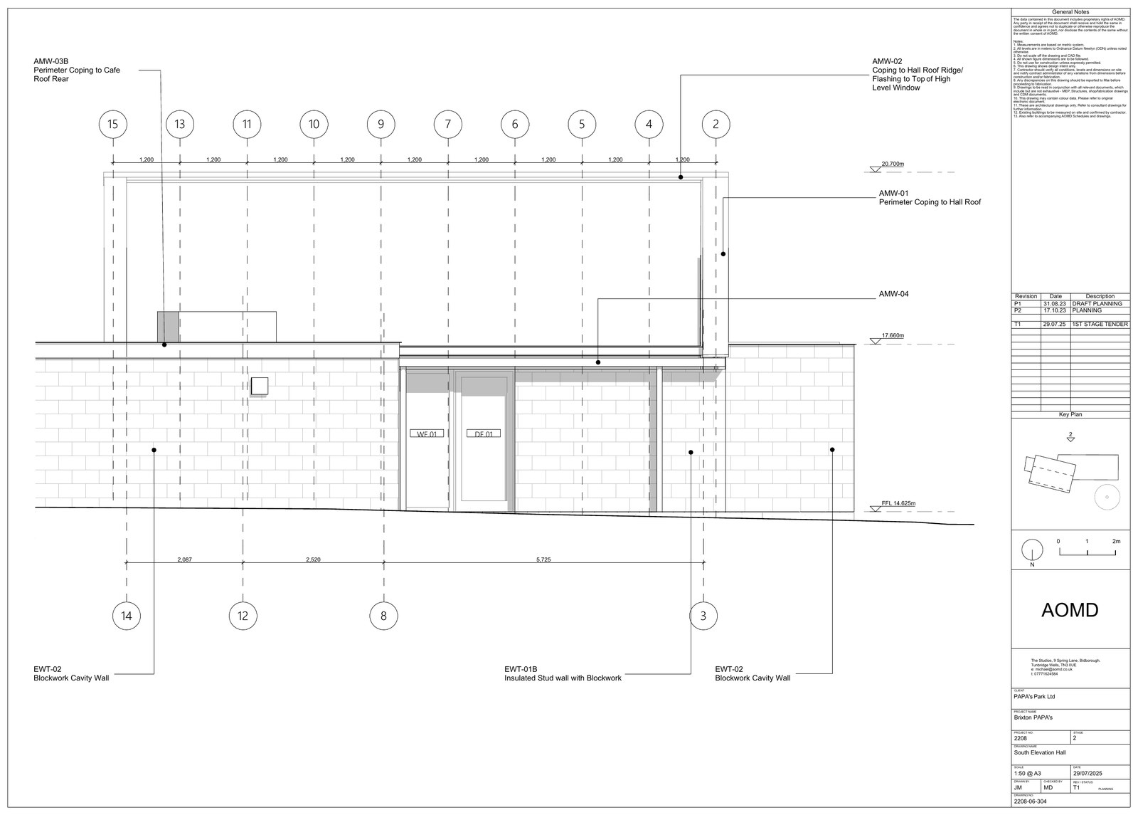 South elevation drawing with setting-out grid