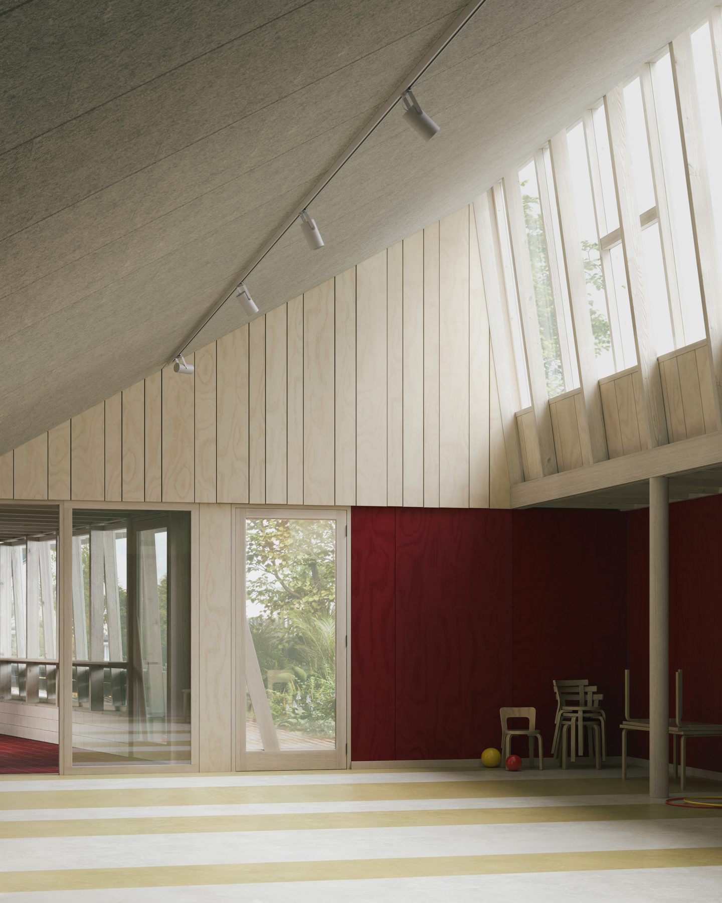 Timber-lined hall interior with rooflight