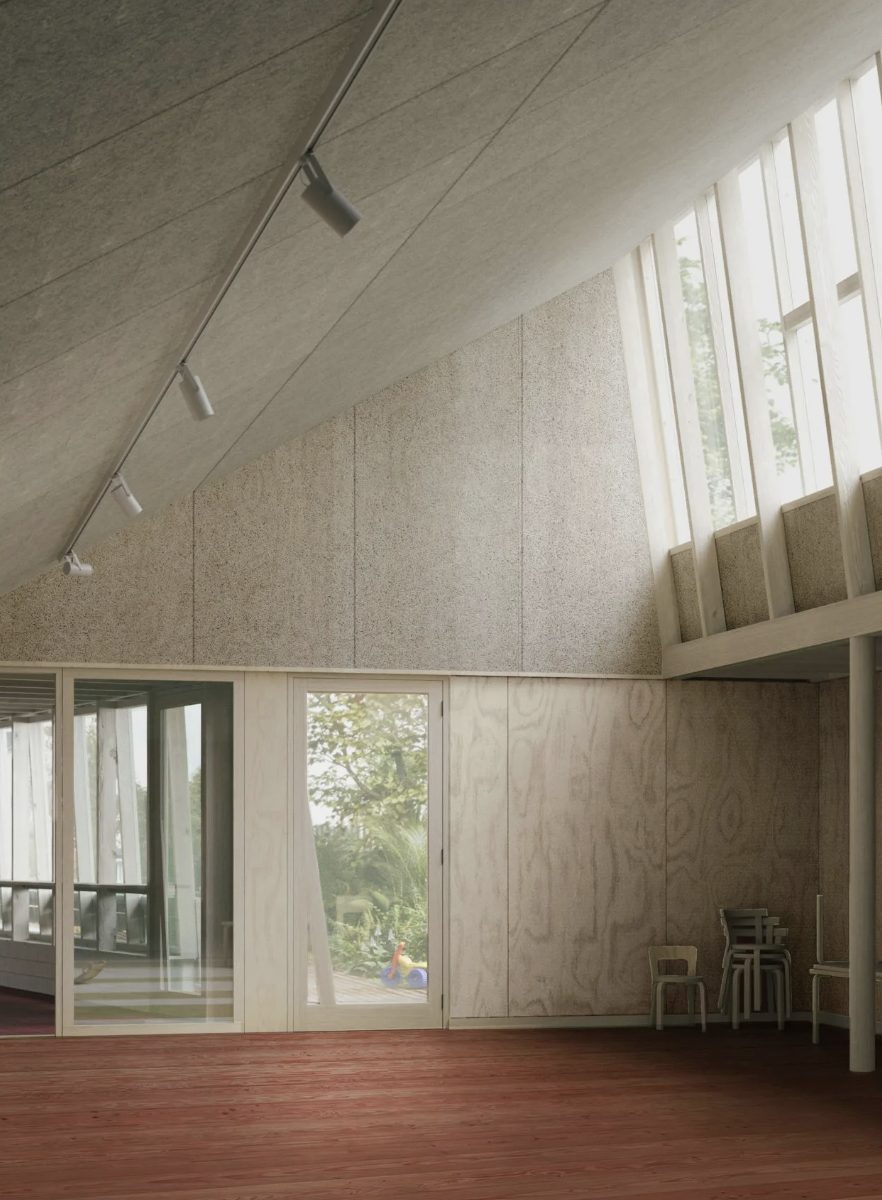 Timber-lined community hall with clerestory windows