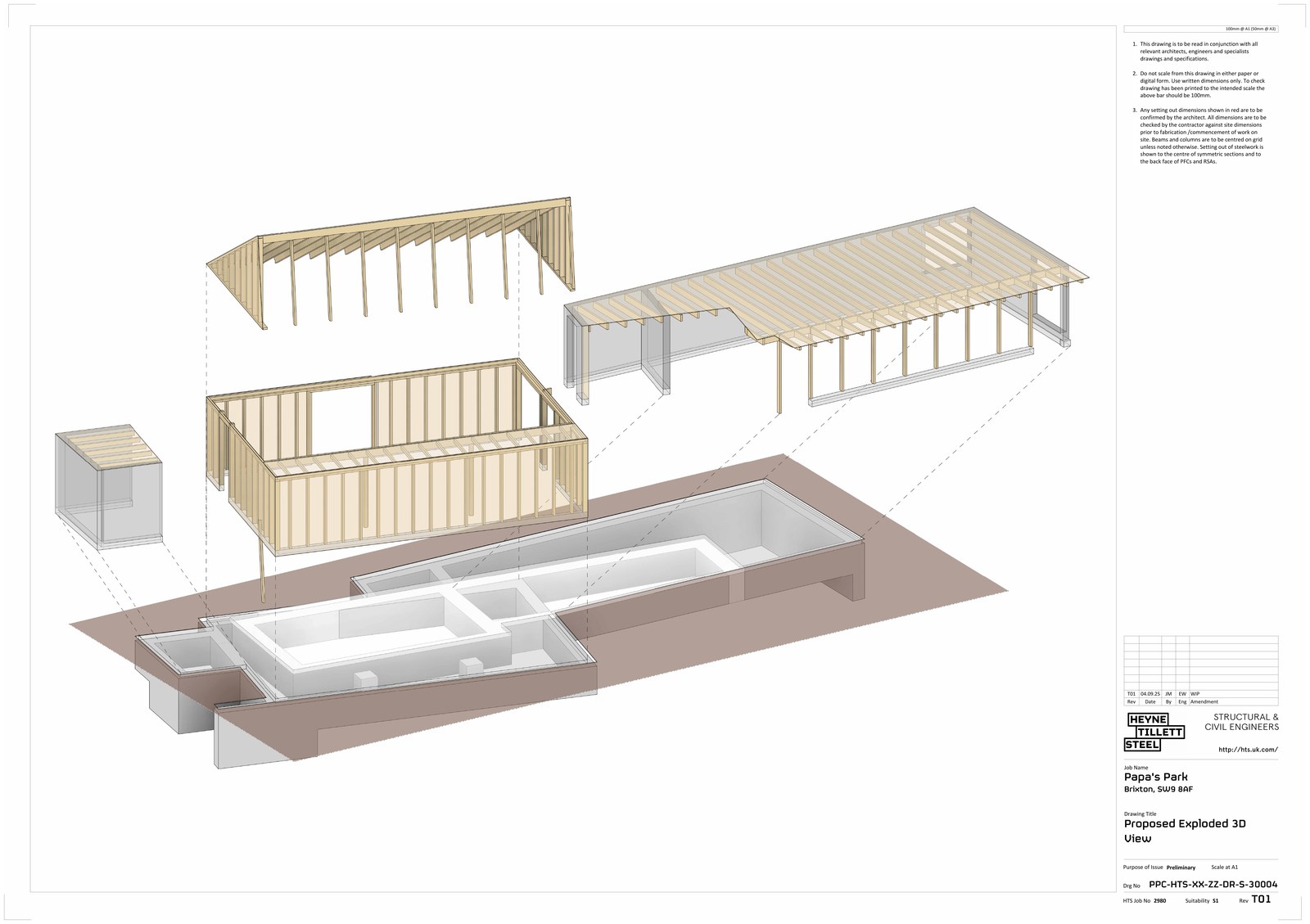 Exploded axonometric drawing of a timber structure